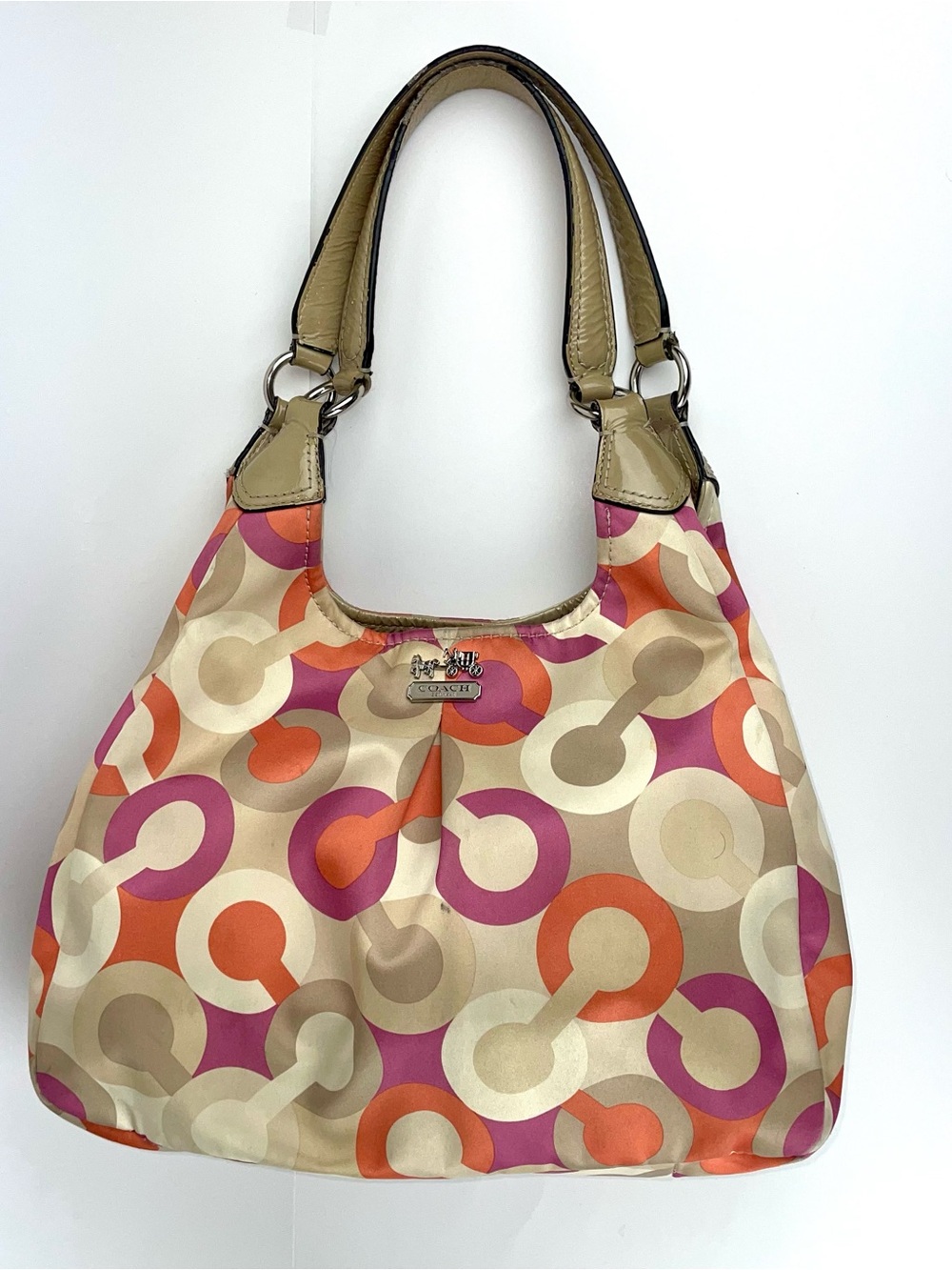 Coach Signature Soho Op Art Scarf Print Satin Hobo Bag Orange Purple Tan